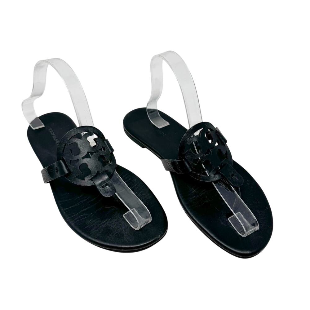 Tory Burch Miller Black Matte Leather Logo Medallion Flat Sandals Size 8